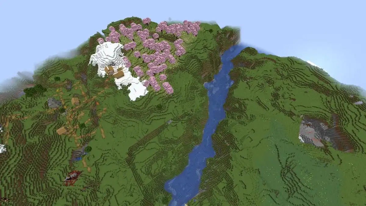 Cherry grove and village in Minecraft