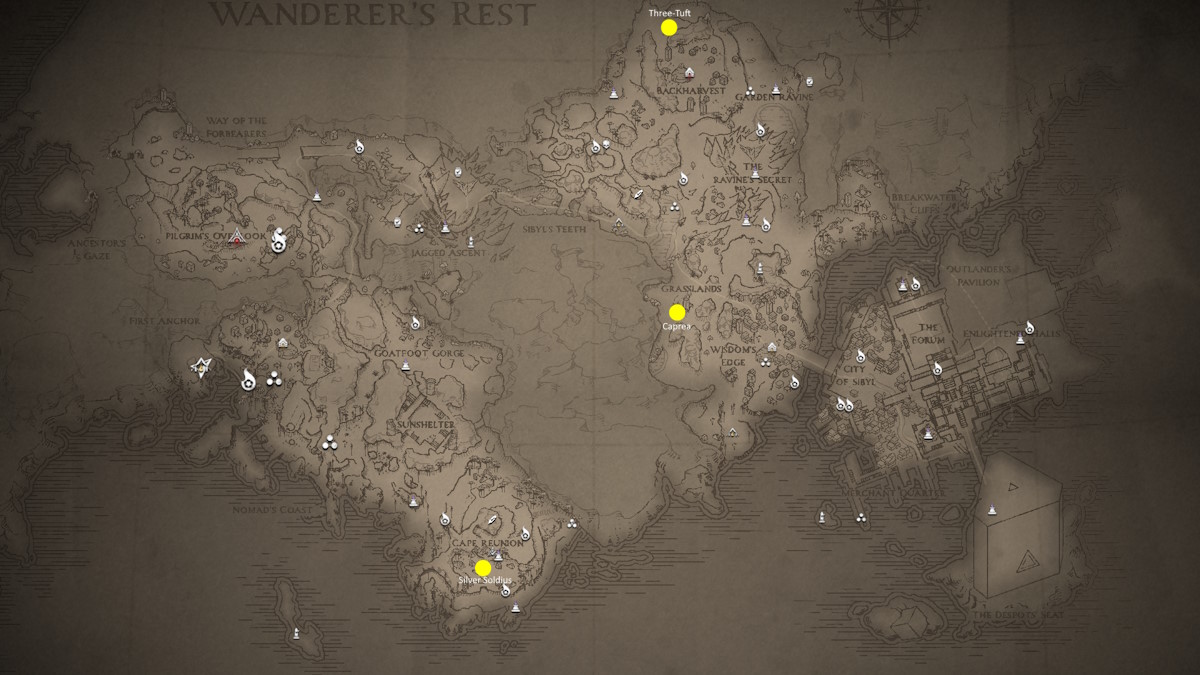 The map of Wanrere's Rest from Flintlock: The Siege of Dawn with yellow dots indicating the position of Sebo coins.