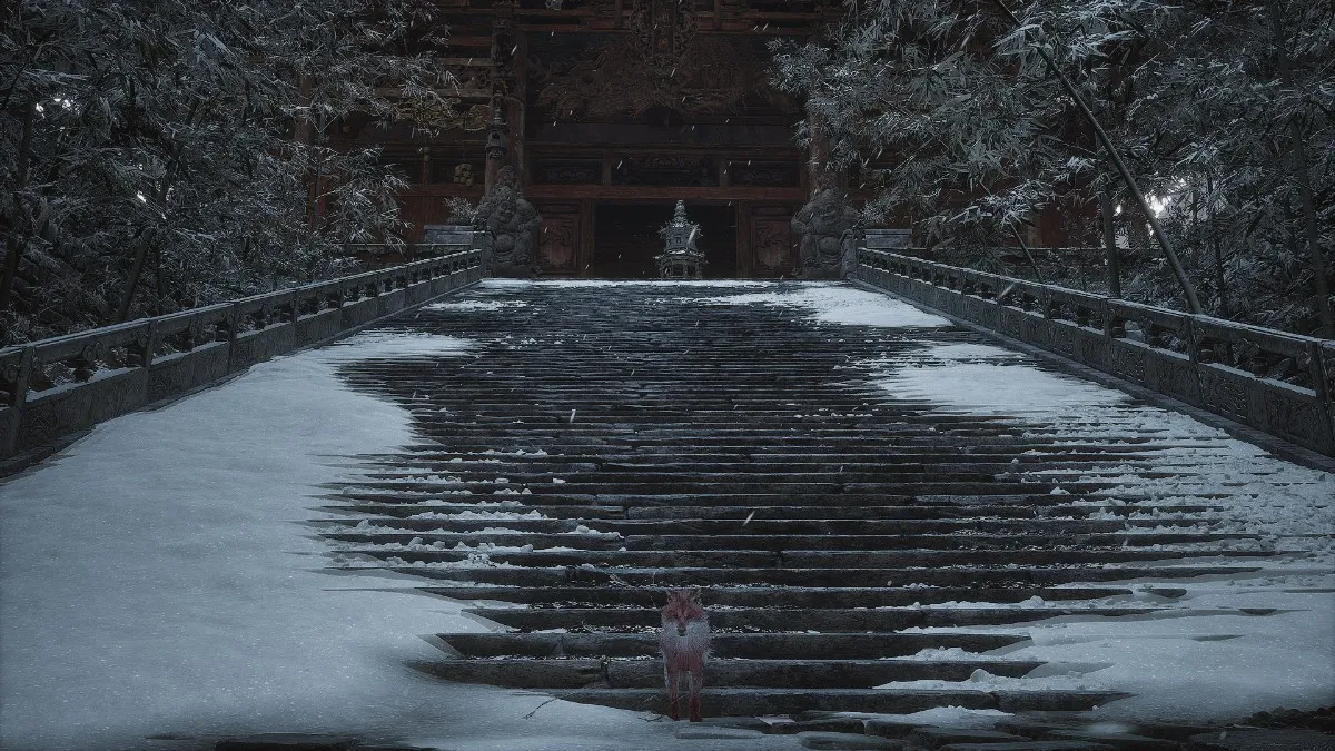 A small fox sits at the bottom of stone stairs in Black Myth: Wukong