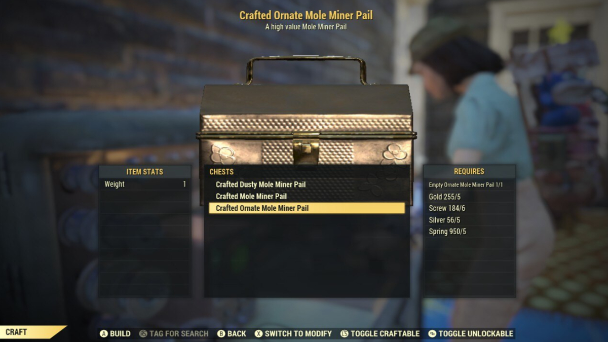 Crafting an Ornate Mole Miner Pail at a Tinkerer's Workbench in Fallout 76