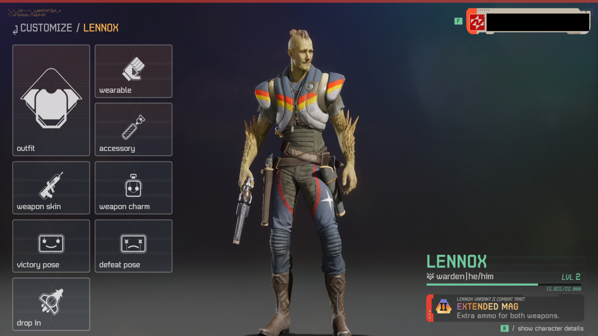 Looking at Lennox from Concord in the Freegunner menu.