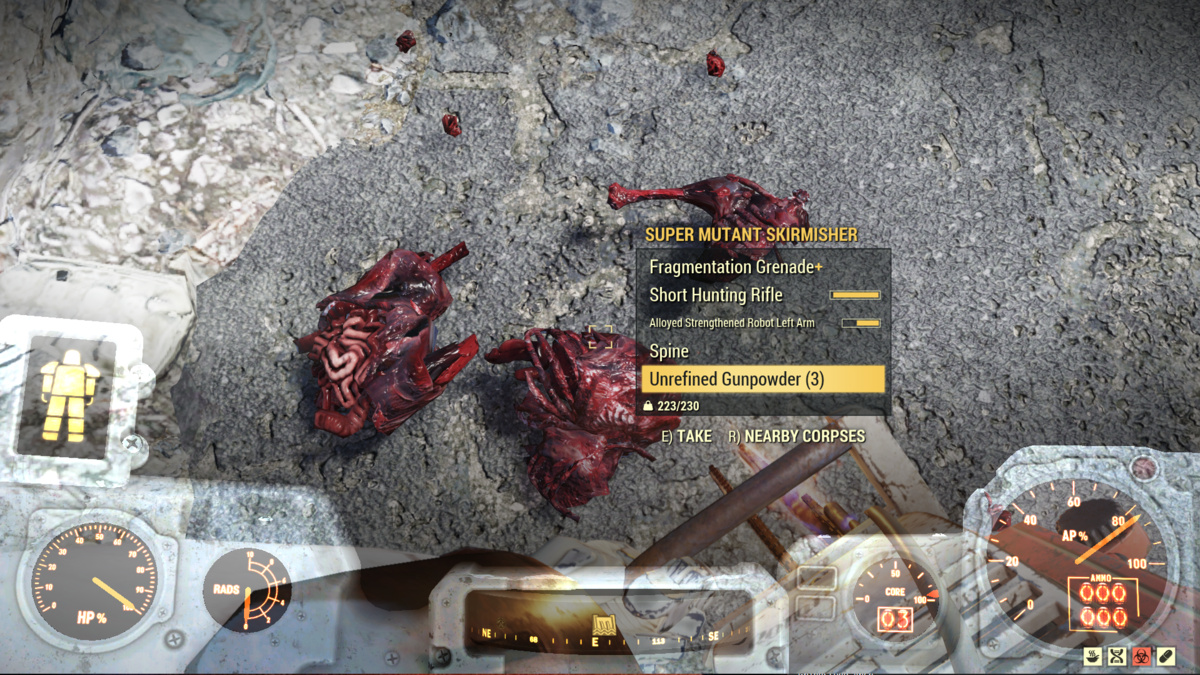 Looting unrefined gunpowder from a Super Mutant at the Grafton Dam in Fallout 76