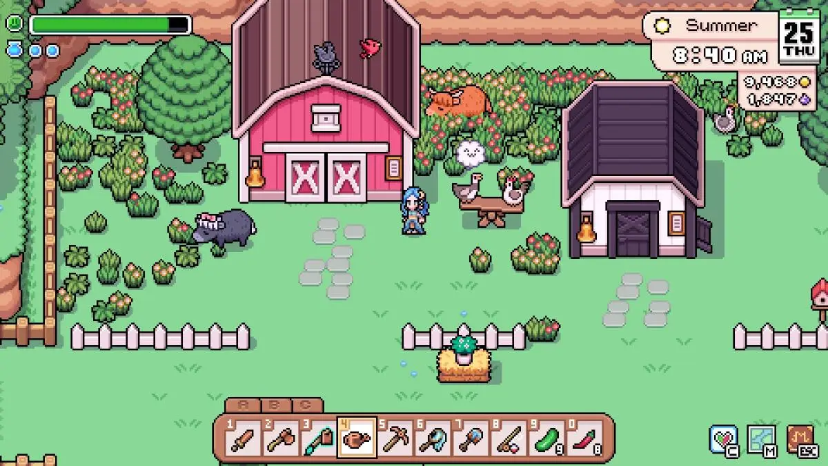 Player brings farm animals outside coop and barn to graze in Fields of Mistria