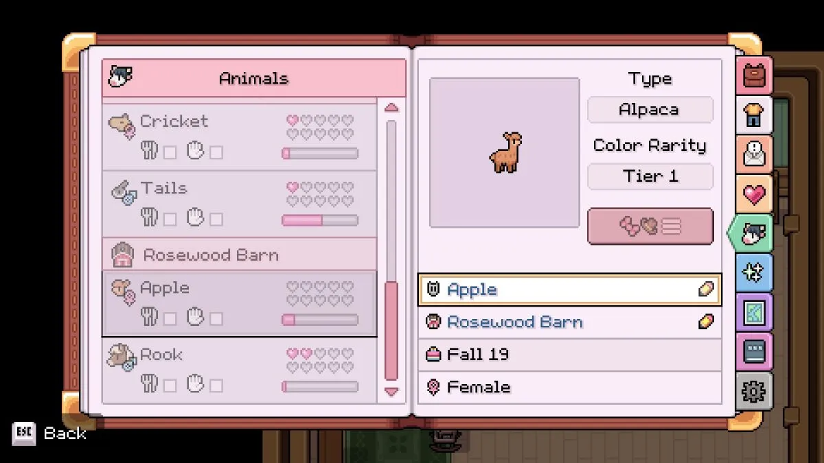 Player's Alpaca profile in Fields of Mistria