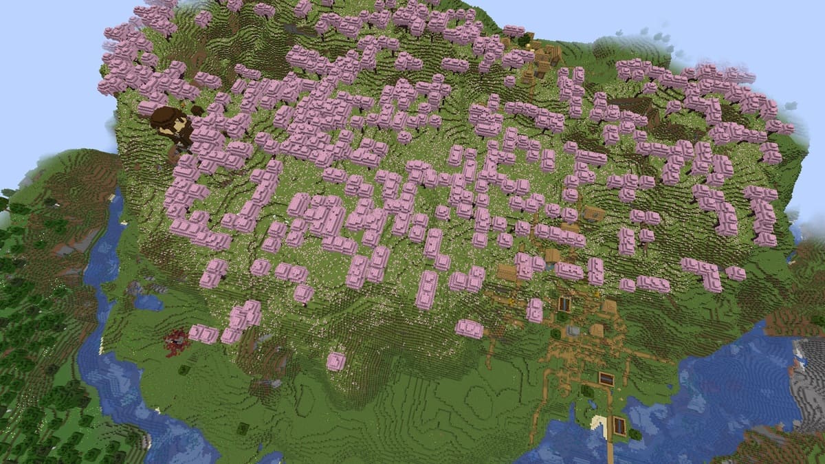 Pillager outpost and cherry blossom village in Minecraft