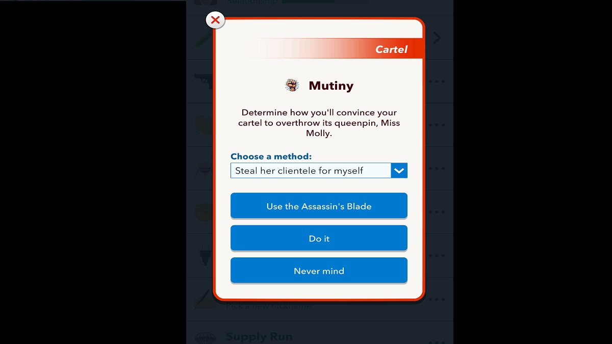 BitLife conducting a mutiny menu