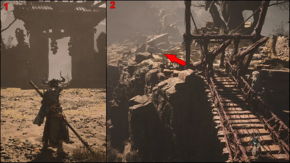 Two screenshots showing a stone gate and a red bridge in Black Myth: Wukong. The images are labeled with the numbers 1 and 2.