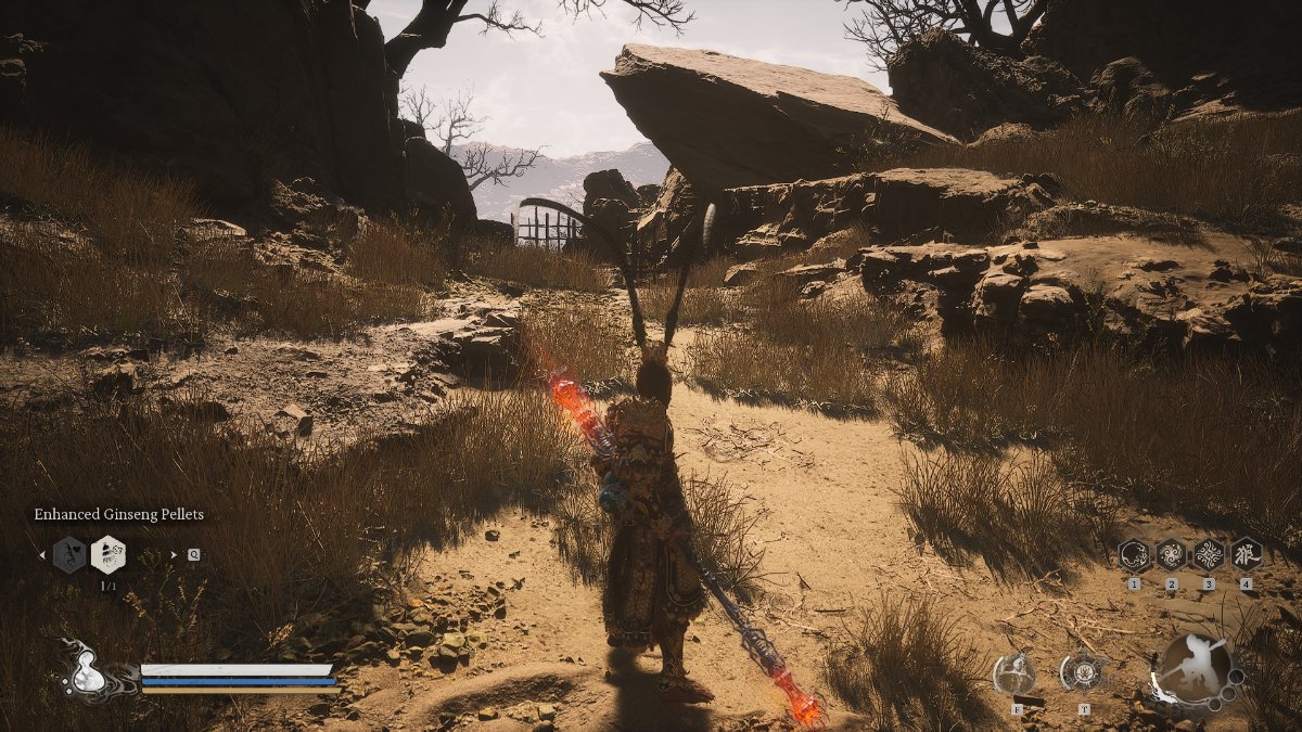 The protagonist of Black Myth: Wukong standing in front of a gate in the desert