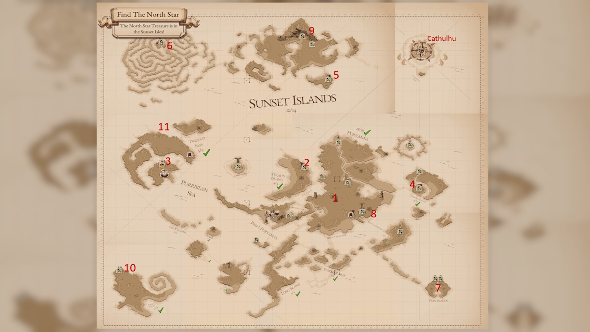 The map of the game Cat Quest 3 with red numbers indicating the position of bosses.