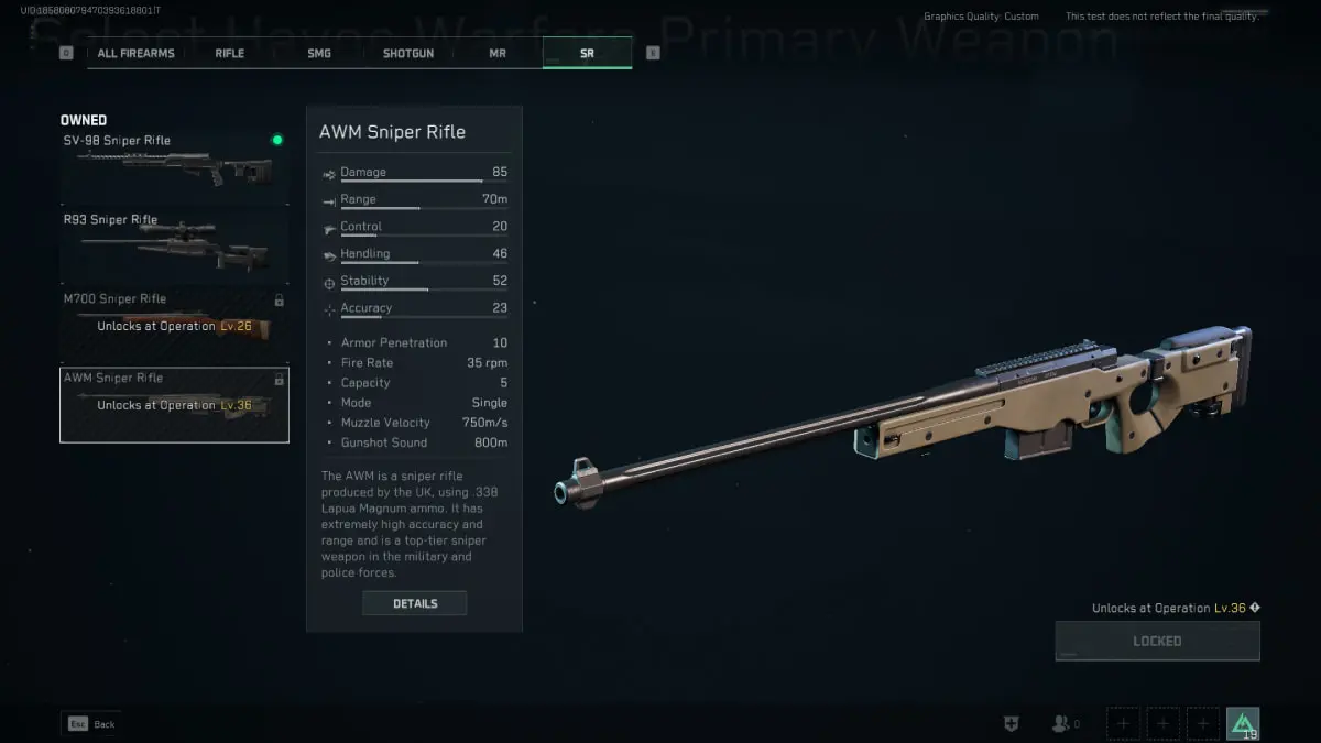 AWM, in the weapon selection screen in Delta Force: Hawk Ops.