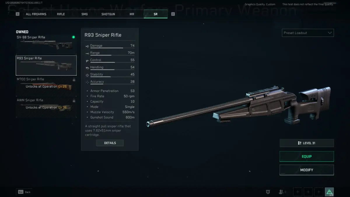 R93, in the weapon selection screen in Delta Force: Hawk Ops.