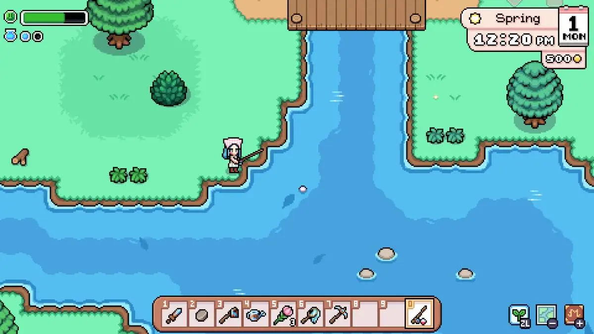 Player using a fishing rod in Fields of Mistria