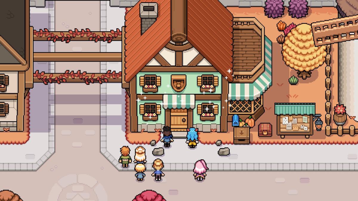 Player outside the General Store in Fields of Mistria