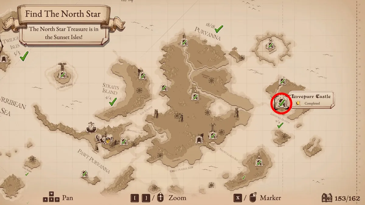 A map of the game Cat Quest 3 with a red dot showing the location of Castle Lovepurr.