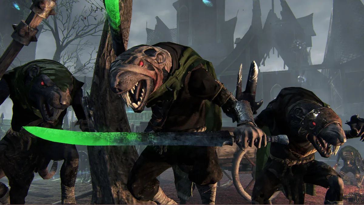 Closeup of three humanoid rats on two feet and carrying weapons in Mordheim City of the Damned