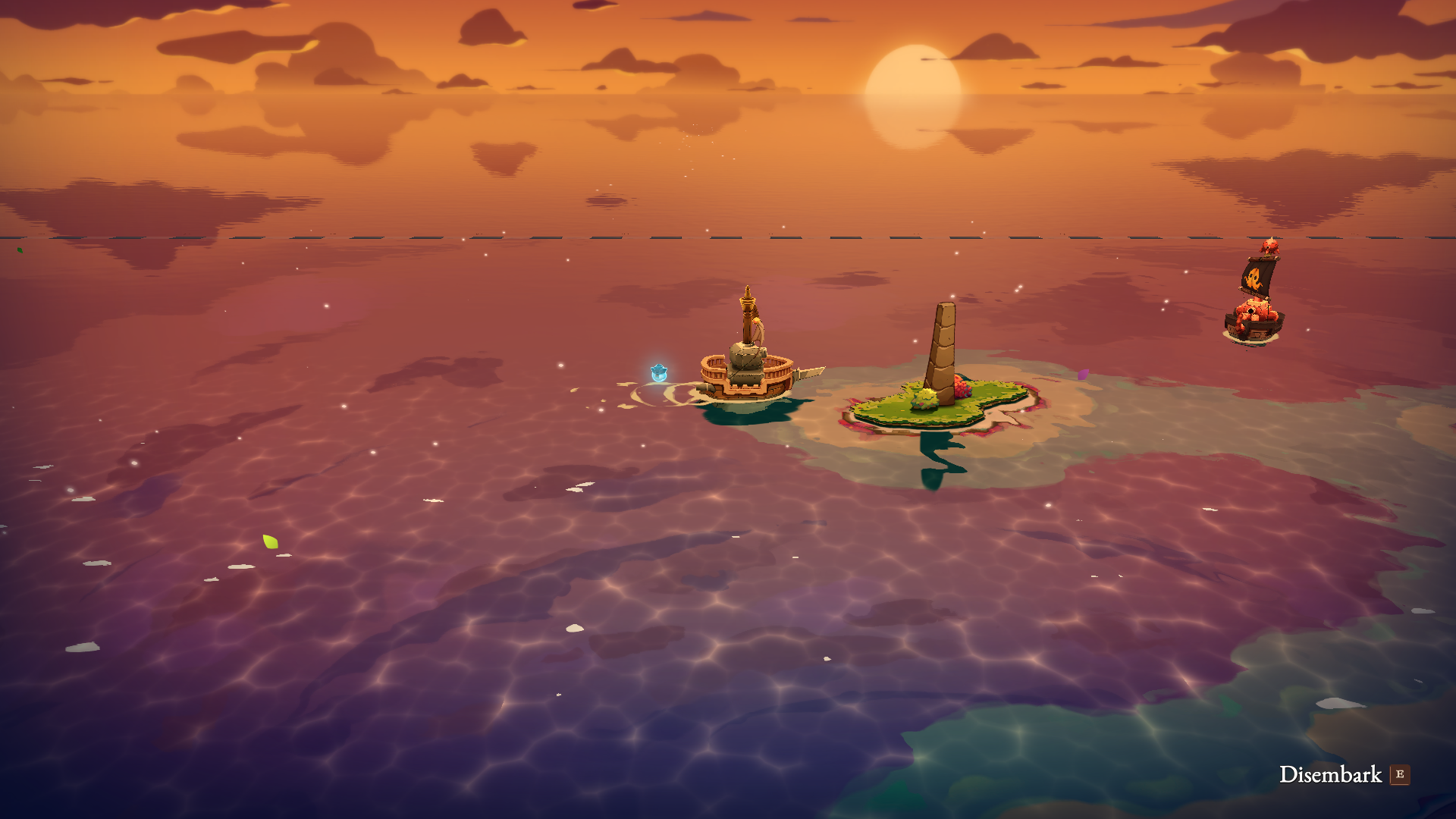 A pillar on a small island, the sun setting in the background, from the game Cat Quest 3.