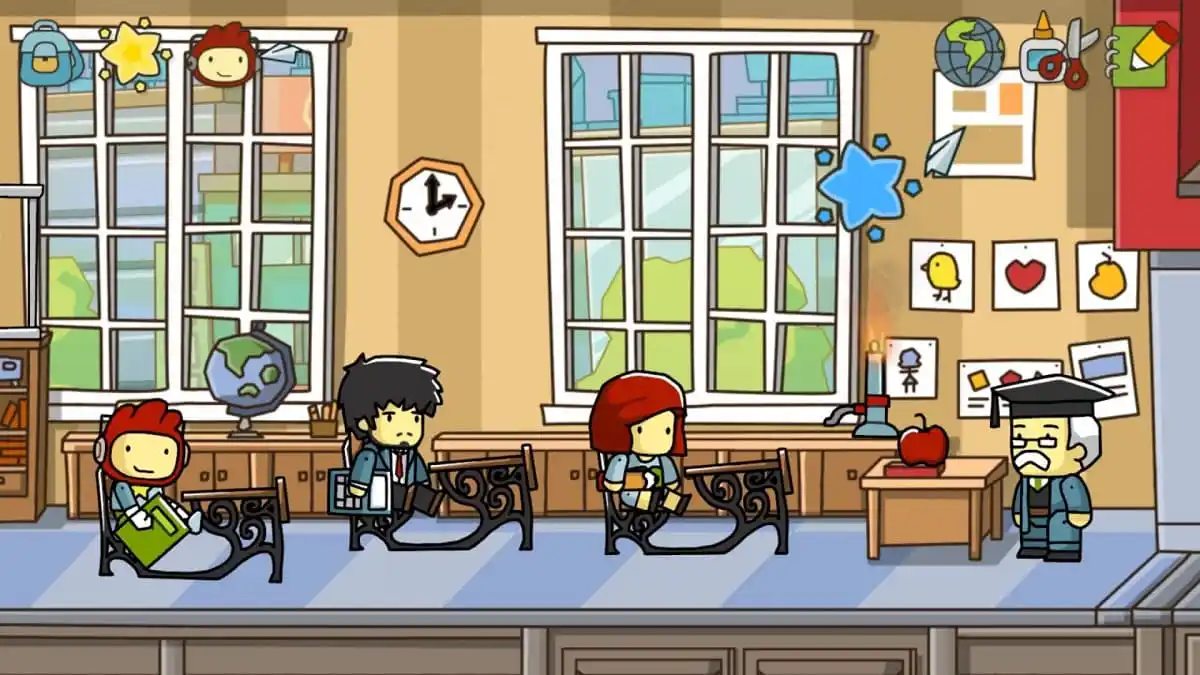 Maxwell holding his notebook in class in Scribblenauts Unlimited