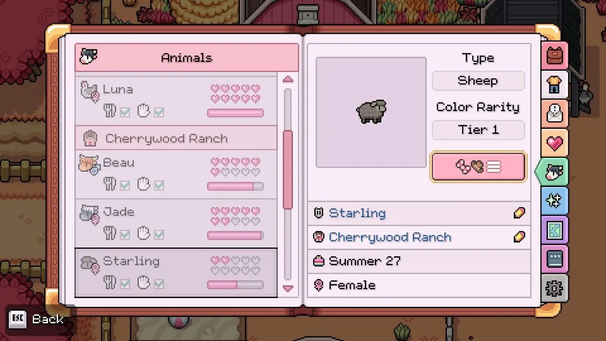 Player's Sheep profile in Fields of Mistria