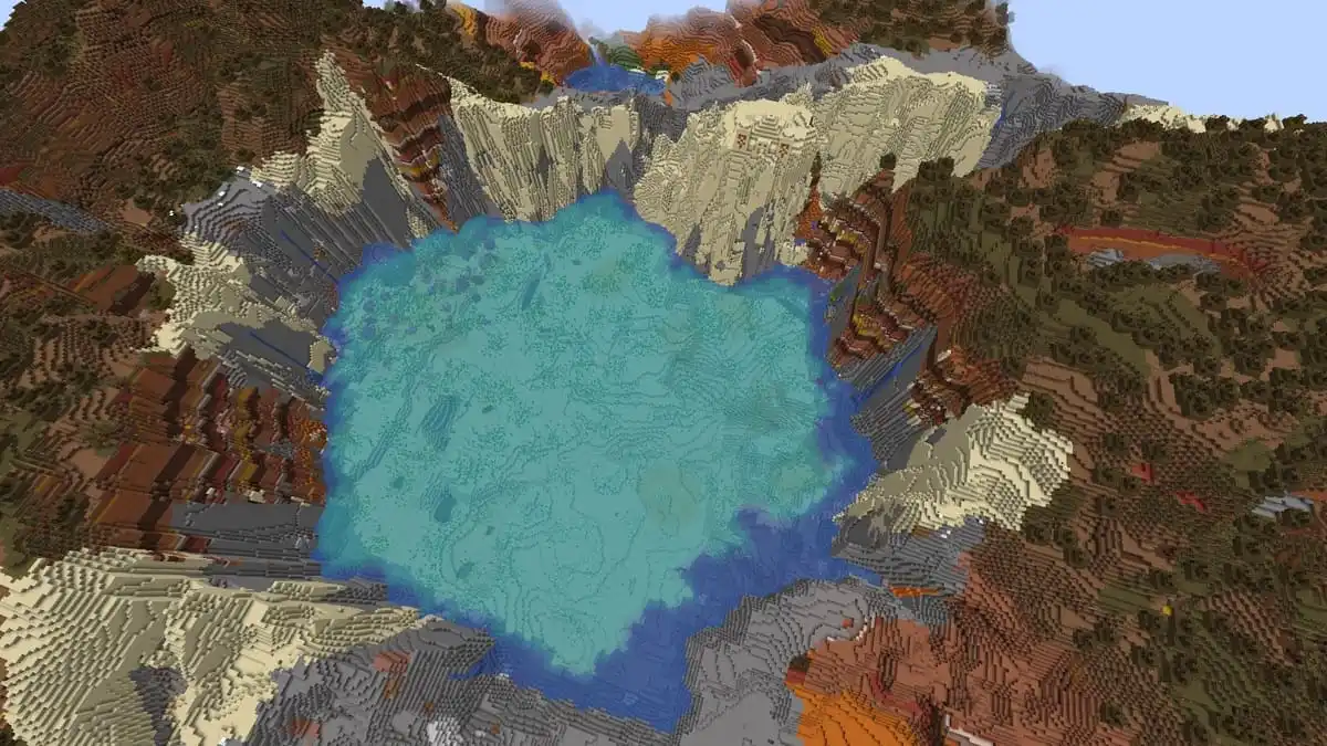 Badlands lake and desert temple in Minecraft