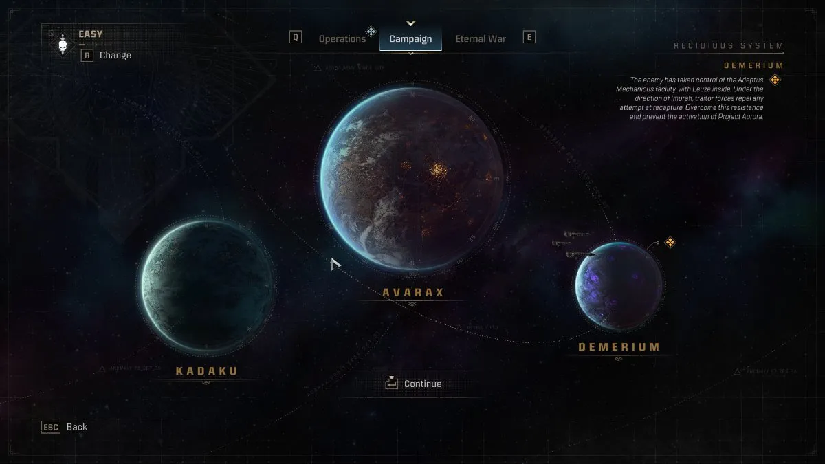 The menu for selecting campaign missions and co-op operations in Warhammer 40K Space Marine 2. Three planets in the background, surrounded by space and UI elements.