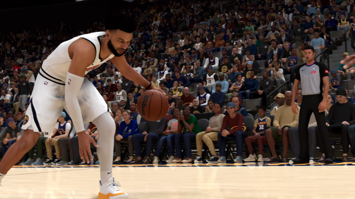 Murray from the Nuggets dribbling the ball in NBA 2K25.