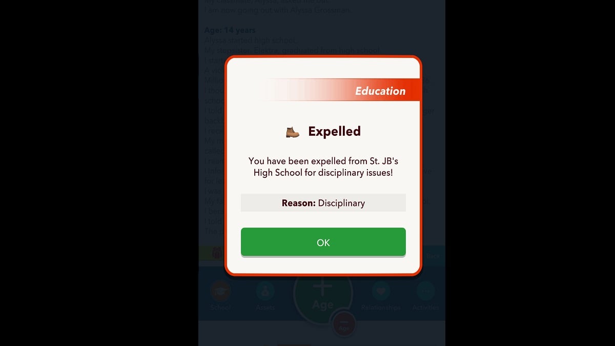 Pop up notifying you've been expelled in BitLife