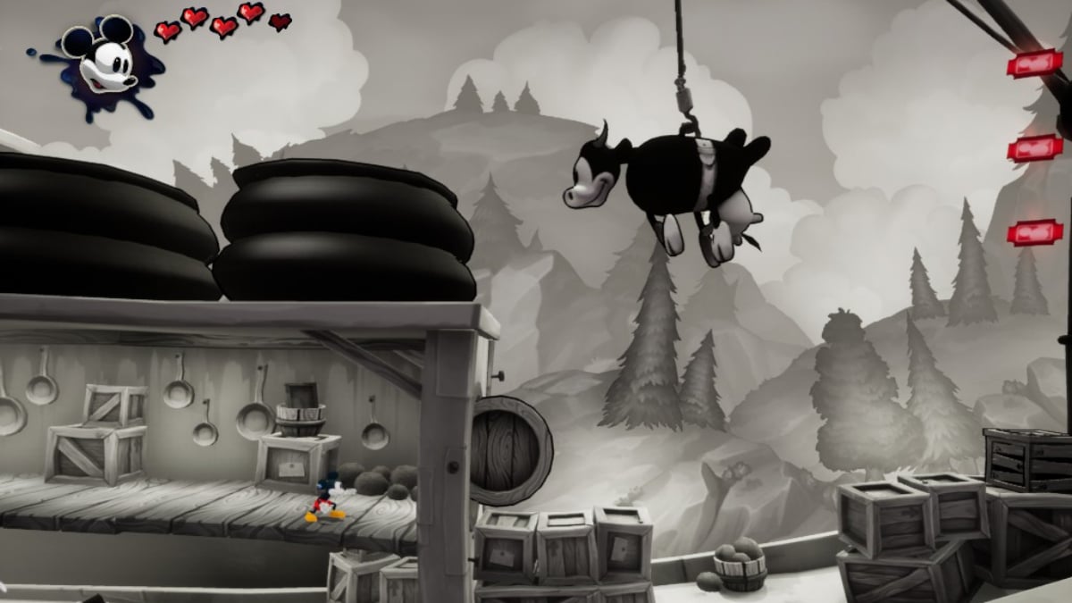 Disney Epic Mickey Rebrushed: black and white image of mickey in a 2D platform steamboat willie level