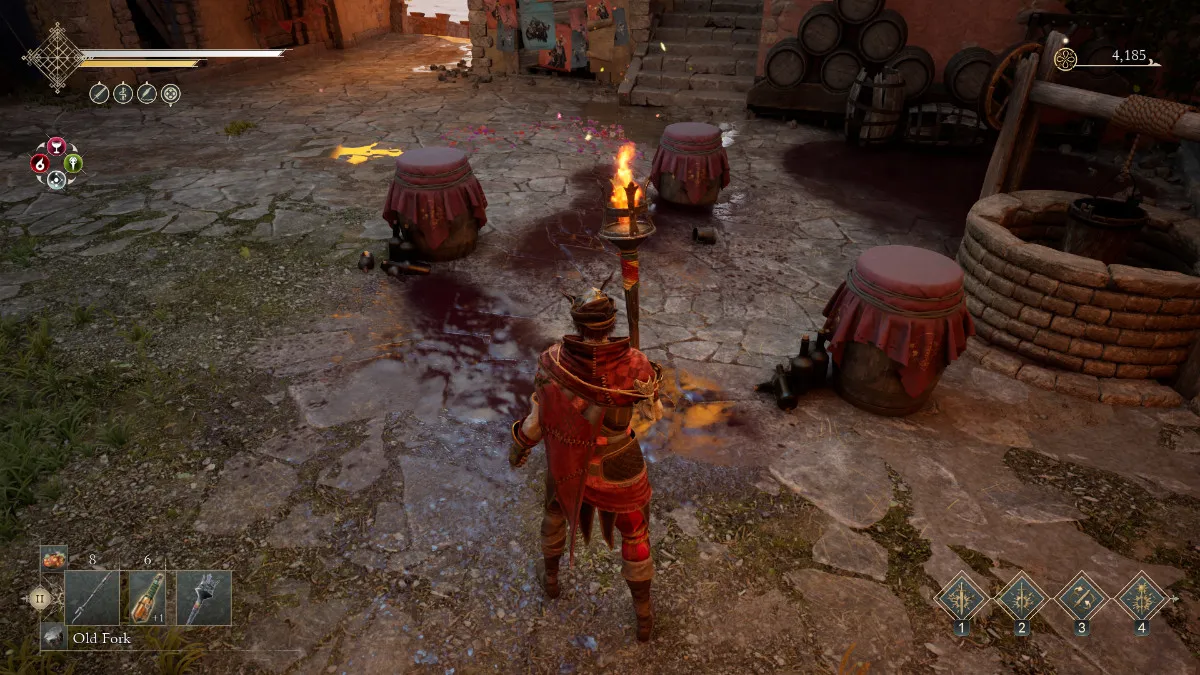 the protagonist of Enotria: The Last Song stands in front of three barrels.