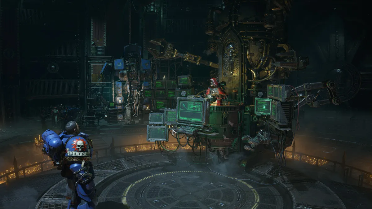 the protagonist of Warhammer 40K: Space Marine 2 standing in the armory.