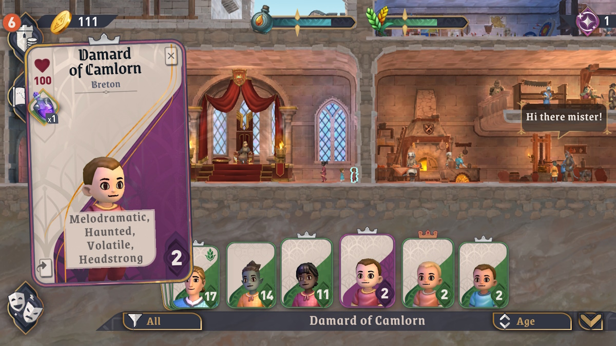 A screenshot of The Elder Scrolls: Castles showing the character card of a baby with many traits: melodramatic, haunted, volatile, headstrong