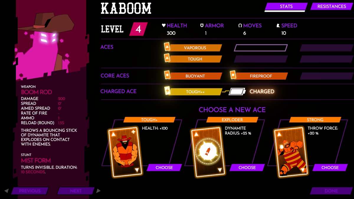 Wild Bastards Kaboom character screen with upgrades