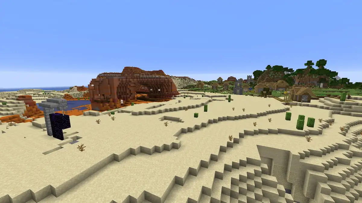 A Minecraft Desert with a ruined portal, a Plains Village, and a dark oak mineshaft