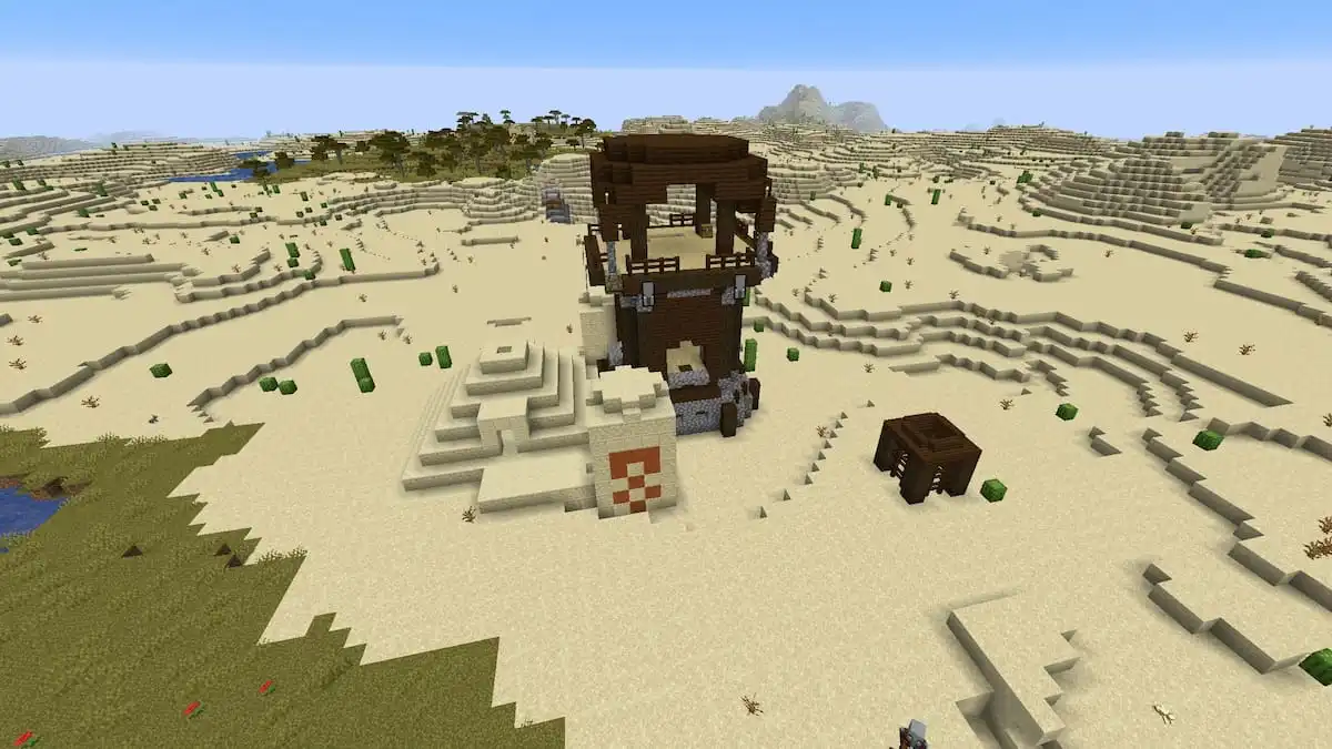 A Desert Temple combined with a Pillager Outpost in Minecraft