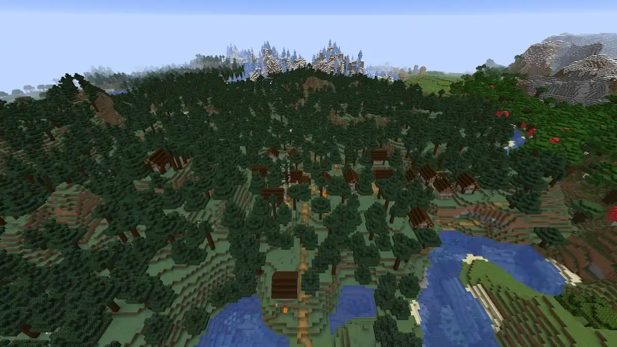 A Taiga Village with a Plains Village in the distance in Minecraft