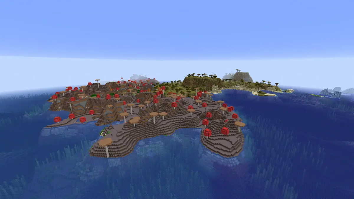 A Mushroom Fields biome at the edge of a Savanna in Minecraft