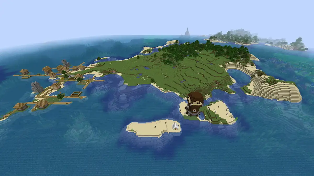 A Minecraft island with a Plains Village and a Pillager Outpost