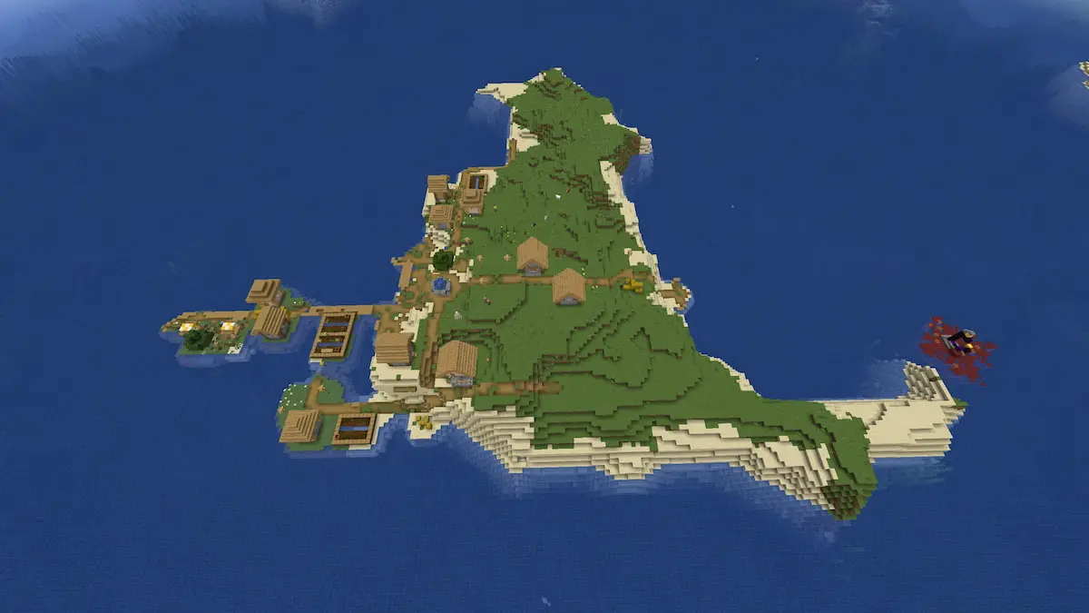 A small Plains Village on a Minecraft island with a floating ruined portal