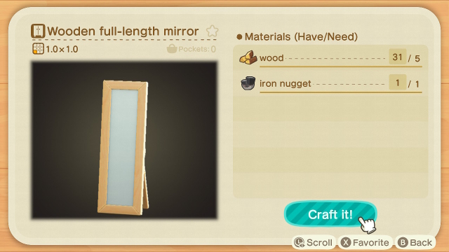 A wooden full-length mirror in Animal Crossing: New Horizon's build menu. 