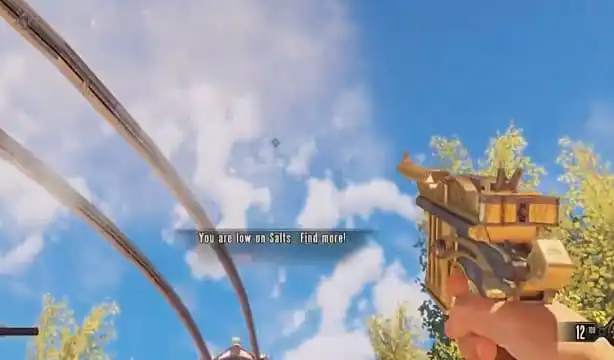 Booker points the golden gun toward the sky in Columbia in Bioshock Infinite