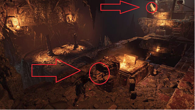 Lara presses a switch in a dark temple to initiate the serpent puzzle