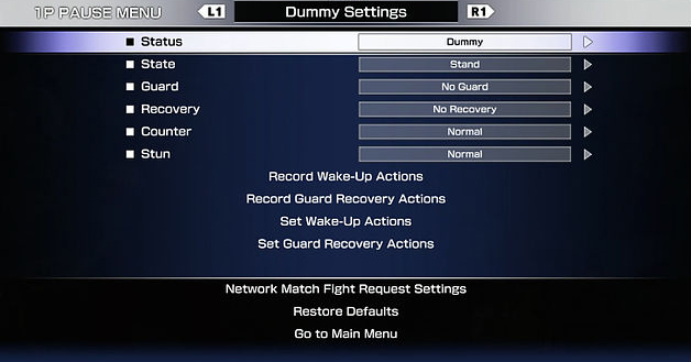 Street Fighter V training mode dummy settings