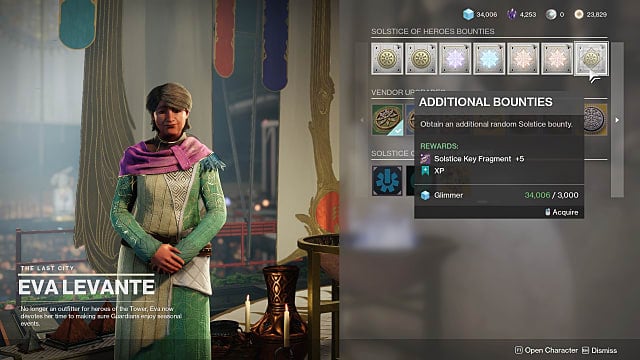 Eva Levante's vendor menu, showing additional Solstice bounties for Key Fragments.