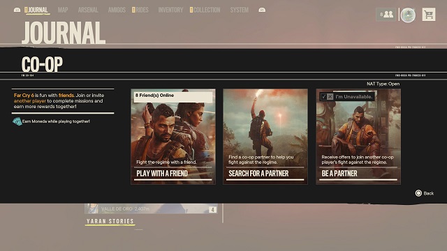 Far Cry 6 co-op multiplayer menu.