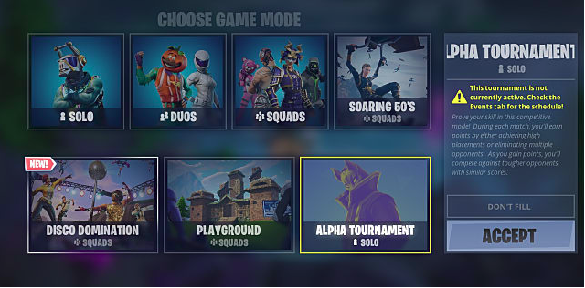 The choose your game mode screen showing various fortnite events and modes