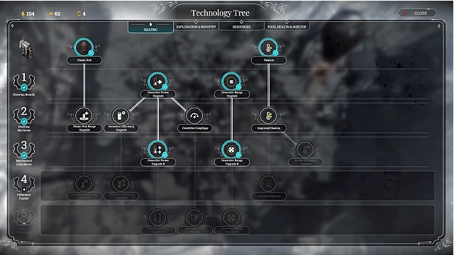 The heating screen of Winterhome's technology screen with upgrades