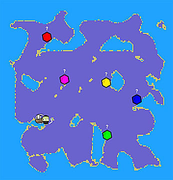 Muck map showing five gem locations and the shipwreck site.