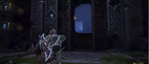 Kratos looks toward the Veithurguard Jotnar Shrine near a large pillar covered in blue runes