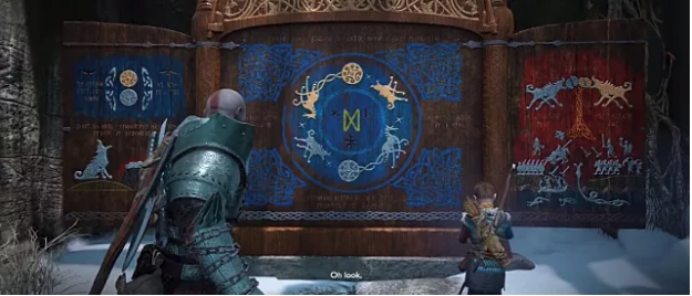 Kratos and the boy stand in front of the Wildwoods Jotnar Shrine, which is blue in the middel and left and red on the right; painted in ornate symbols