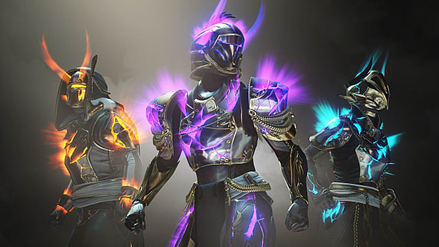 A Titan standing between a Warlock and Hunter, each wearing glowing Majestic armor: purple, teal, and fire red.