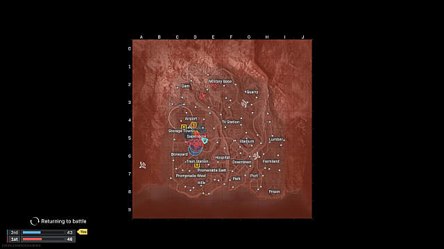 A small square of the King Slayer Trios map, covered in red, showing locations and enemy positions.